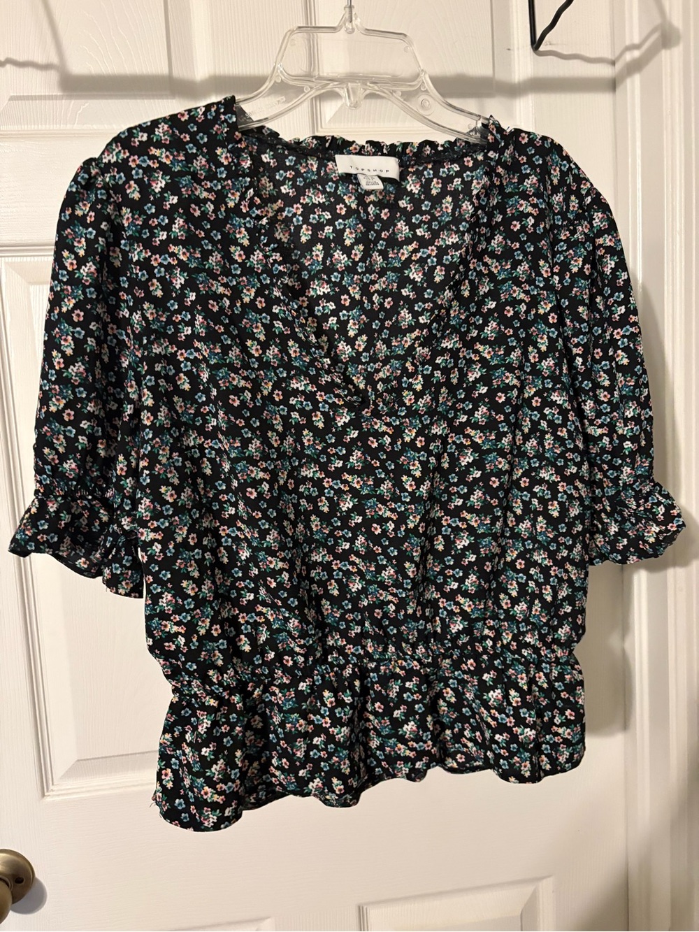 Topshop Black Floral Smocked Hem Blouse size 8